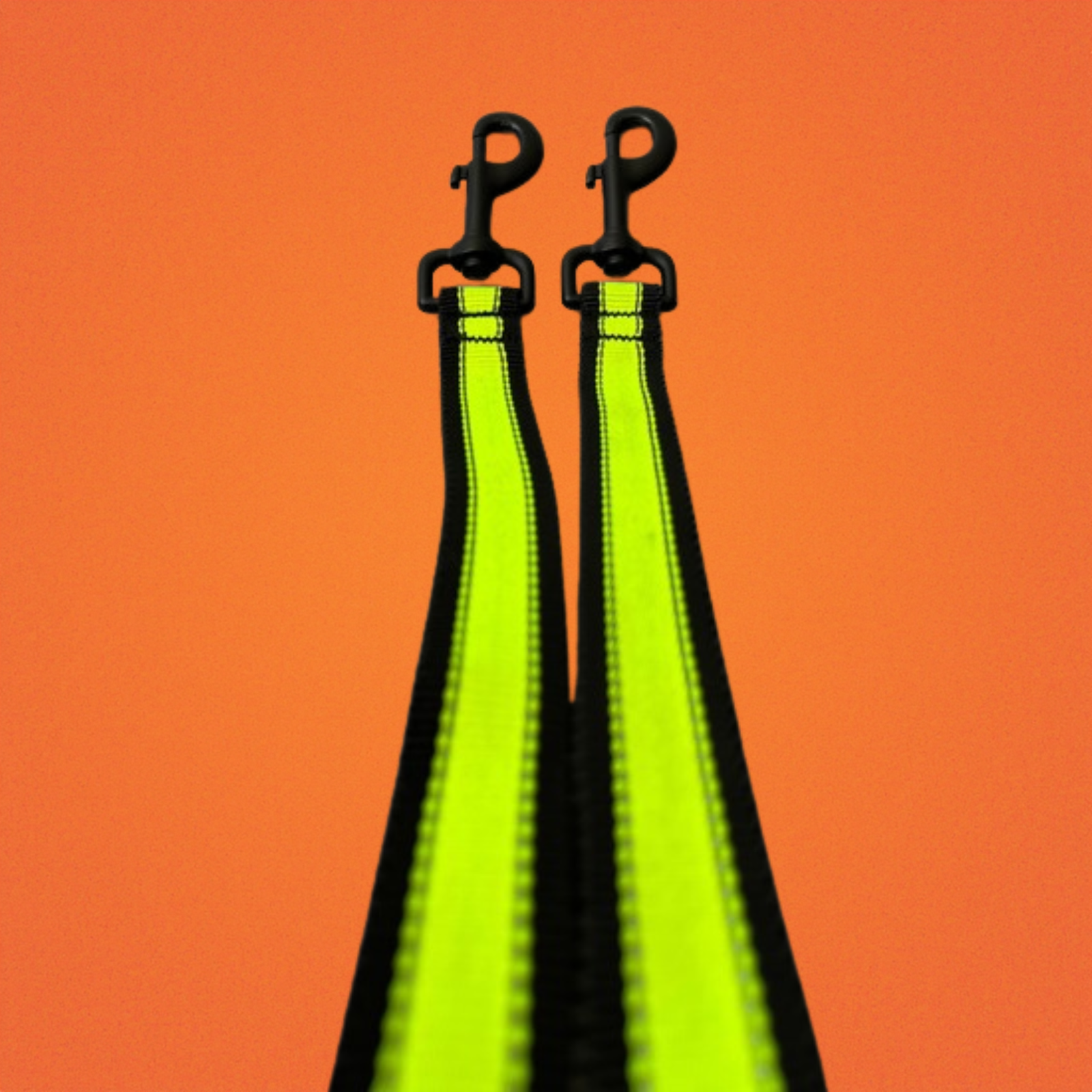 A Happy Hounds 6m lead with 2 attachment points and multiple "hold loops" to suit your / your dog's pull energy made with yellow high quality, high visibility webbing photographed on a grey background.