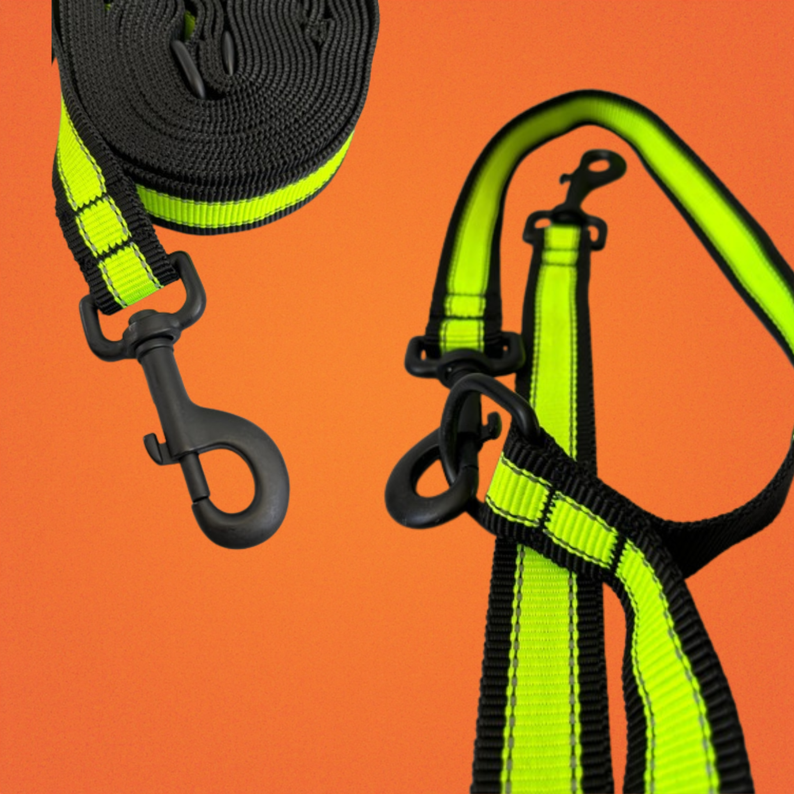 A Happy Hounds 6m lead with 2 attachment points and multiple "hold loops" to suit your / your dog's pull energy made with yellow high quality, high visibility webbing photographed on a grey background.
