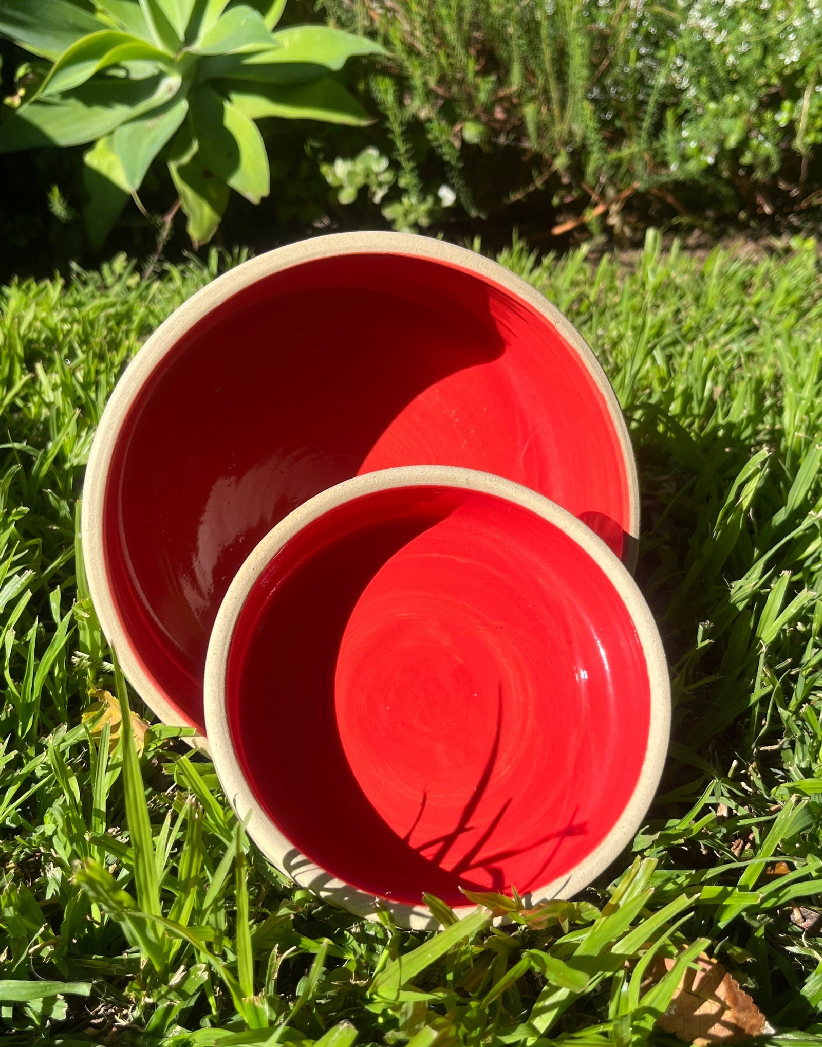 Two red ceramic bowls on a grassy surface with green plants in the background