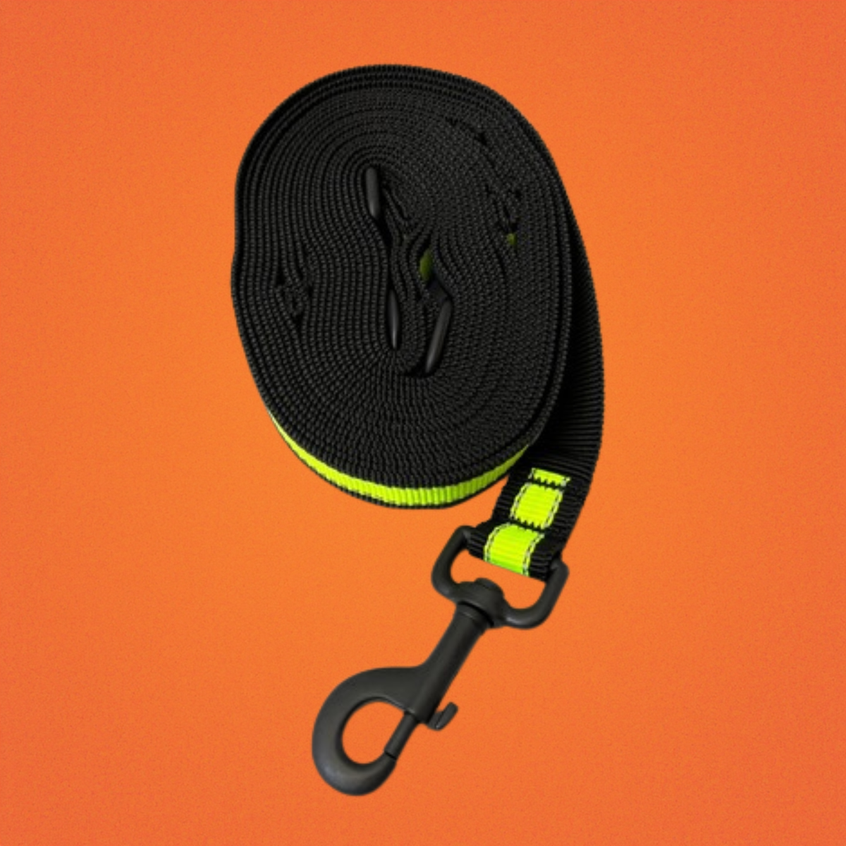 A Happy Hounds 6m lead with 2 attachment points and multiple "hold loops" to suit your / your dog's pull energy made with yellow high quality, high visibility webbing photographed on a grey background. 