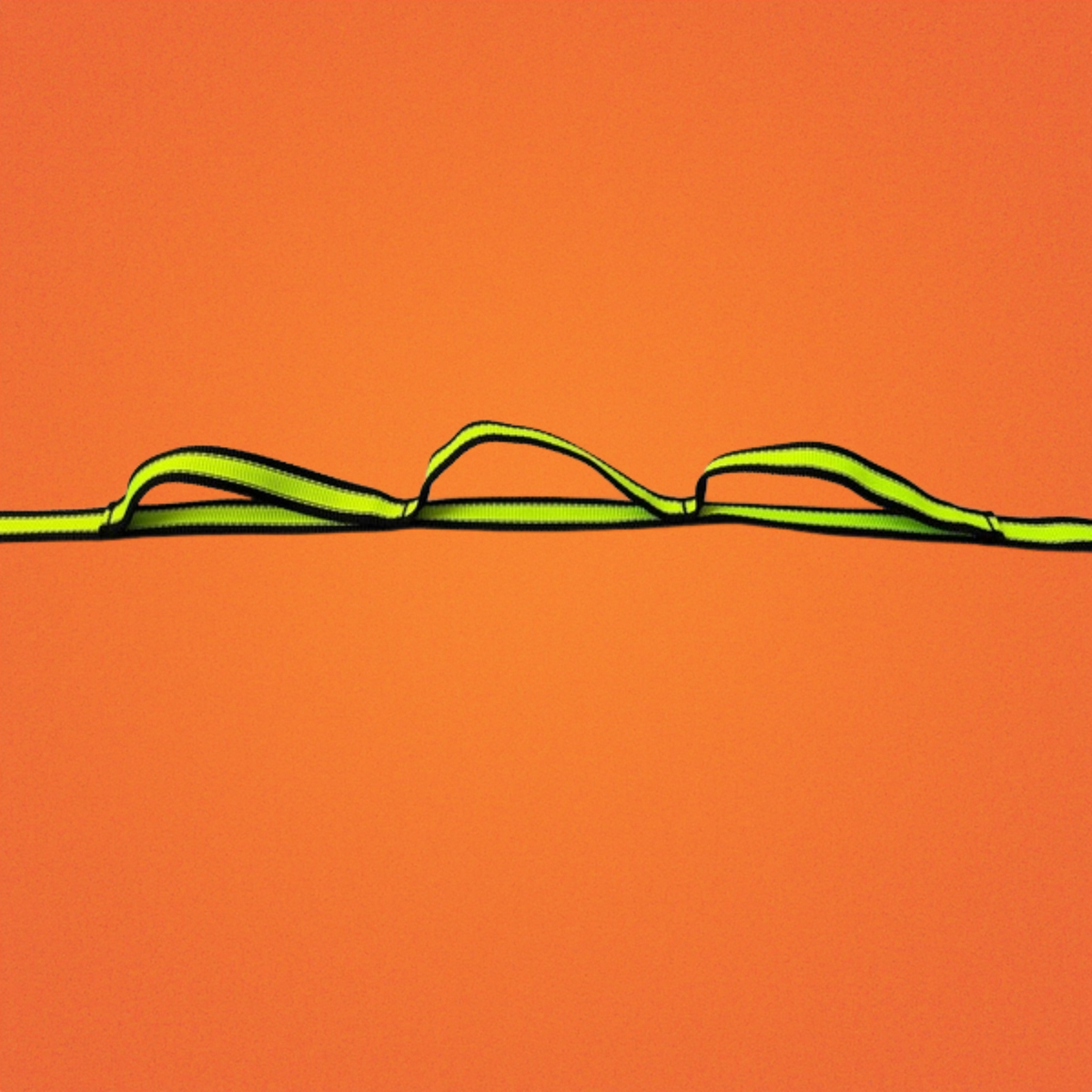 A Happy Hounds 6m lead with 2 attachment points and multiple "hold loops" to suit your / your dog's pull energy made with yellow high quality, high visibility webbing photographed on a grey background. 