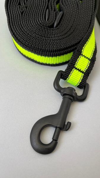 A Happy Hounds 6m lead with 2 attachment points and multiple &quot;hold loops&quot; to suit your / your dog&#39;s pull energy made with yellow high quality, high visibility webbing photographed on a grey background. 