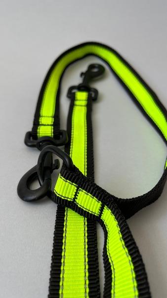 A Happy Hounds 6m lead with 2 attachment points and multiple &quot;hold loops&quot; to suit your / your dog&#39;s pull energy made with yellow high quality, high visibility webbing photographed on a grey background. 