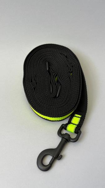 A Happy Hounds 6m lead with 2 attachment points and multiple &quot;hold loops&quot; to suit your / your dog&#39;s pull energy made with yellow high quality, high visibility webbing photographed on a grey background. 