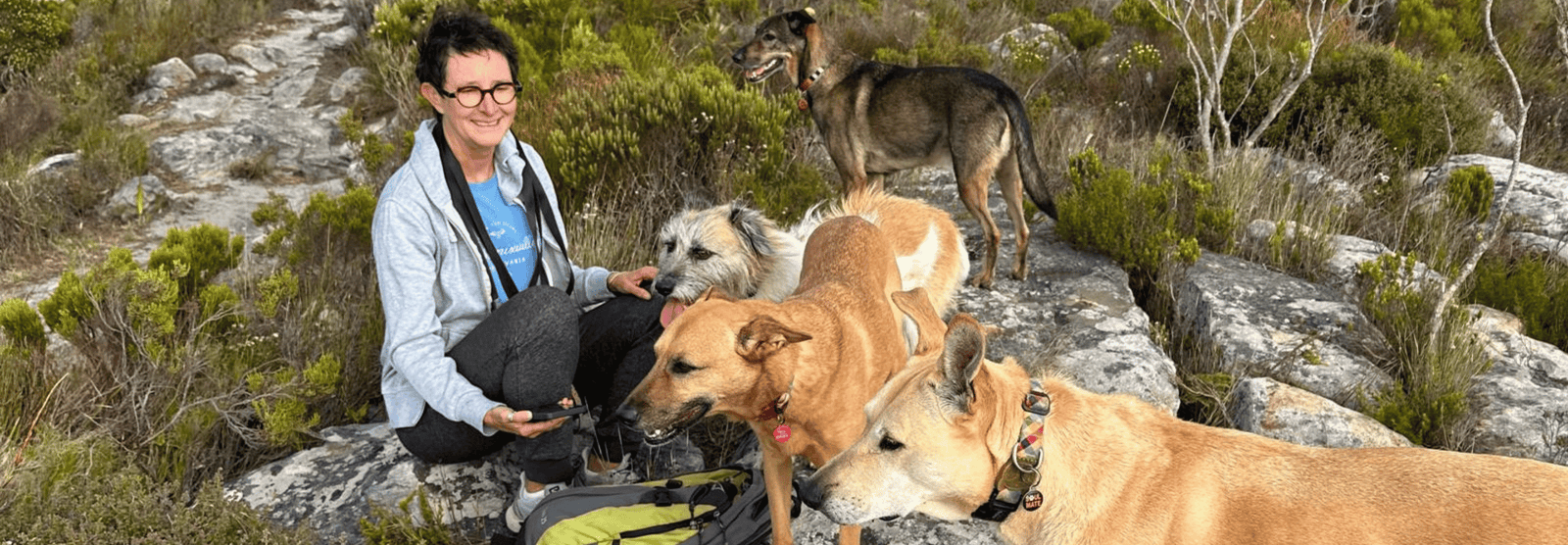 Emma, the founder of Happy Hounds, hiking on the mountain with her pack of rescue dogs. They are all smiling