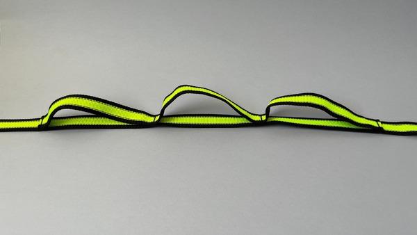 A Happy Hounds 6m lead with 2 attachment points and multiple &quot;hold loops&quot; to suit your / your dog&#39;s pull energy made with yellow high quality, high visibility webbing photographed on a grey background. 